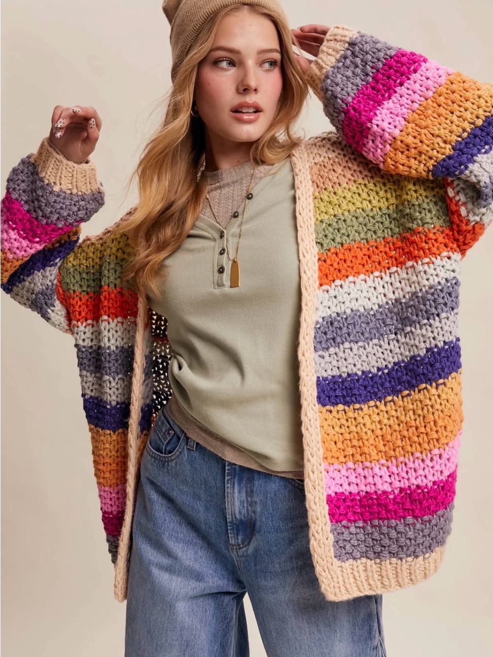 Original Use Multicolor Striped Chunky Open-Front Cardigan - Cream Trim